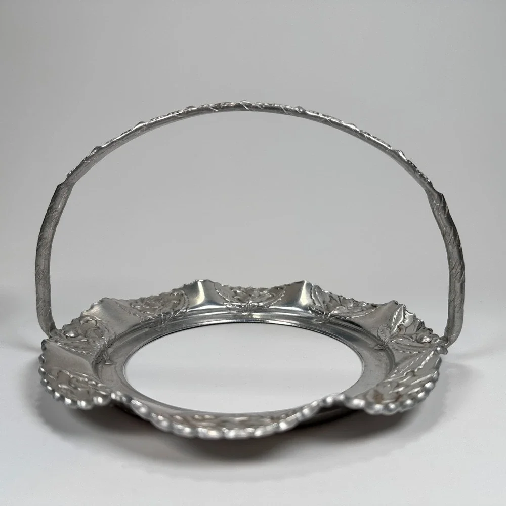 VTG Hand Wrought Hammered Aluminum Server Divided Glass Dish w/ Handle Floral 7